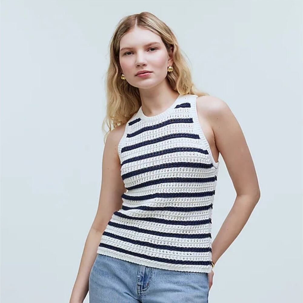 Madewell Crochet Tank WMNS S White Navy Stripe Open Knit Cotton Nautical Chic